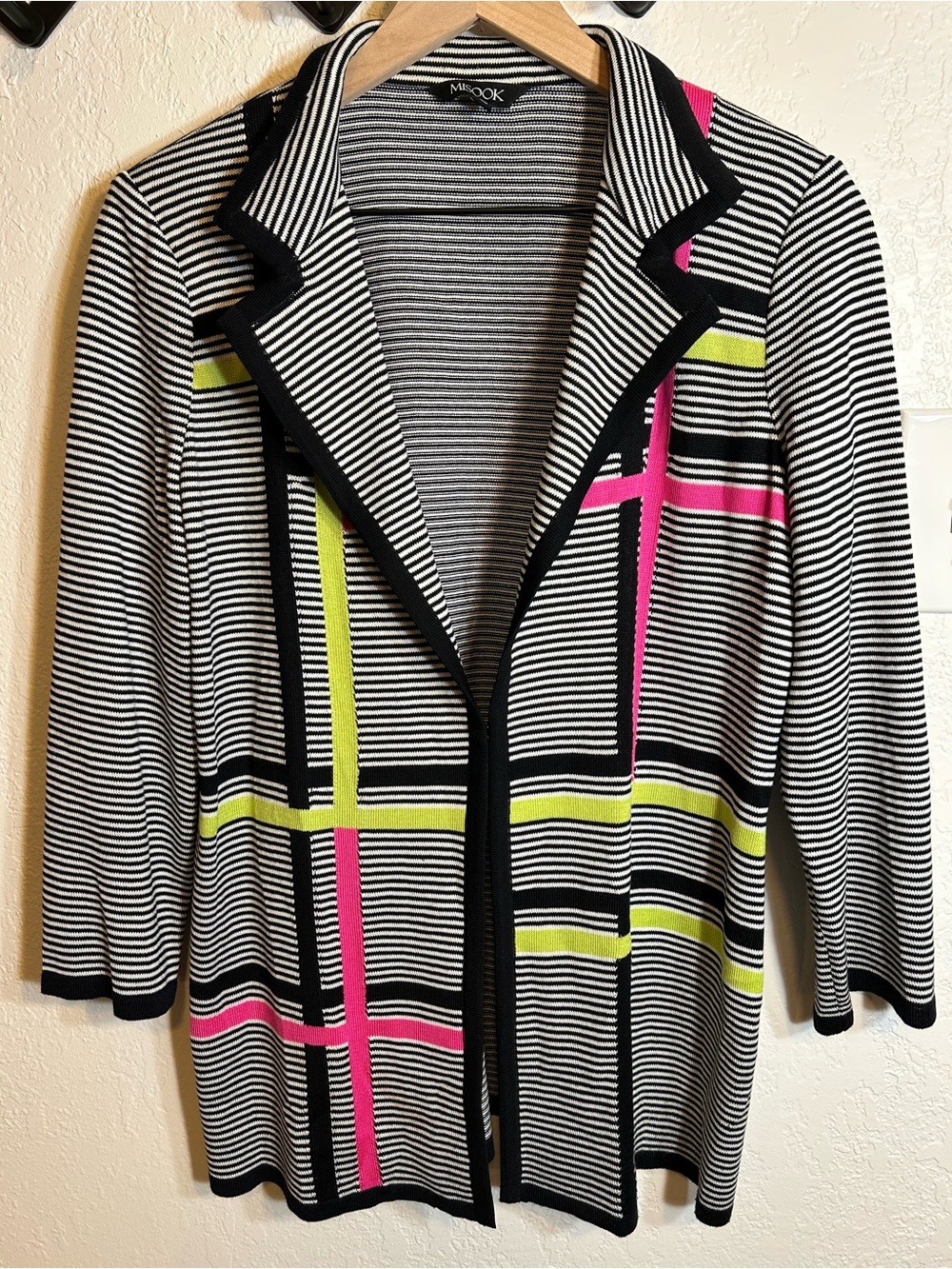 Misook Neon Striped Knit Cardigan Jacket Travel Career Office Classy Preppy S